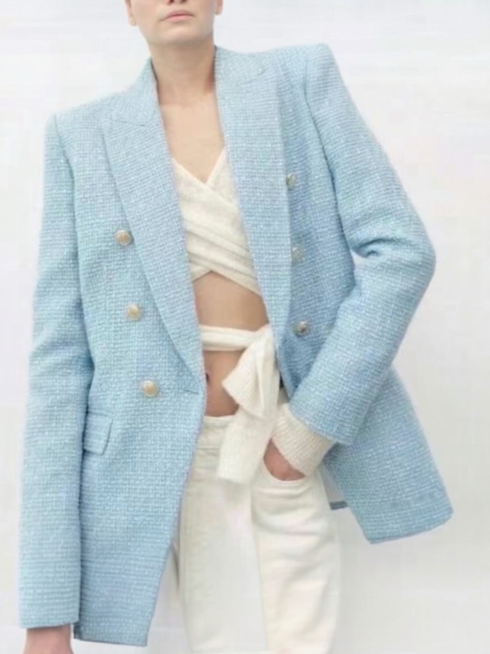 Jason Wu Sky Blue Boucle Double Breasted Blazer with Gold Accent Buttons Small